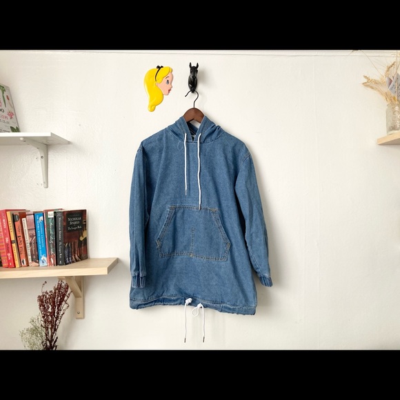 Drawstring Kangaroo Pocket Denim Sweatshirt - Picture 1 of 3